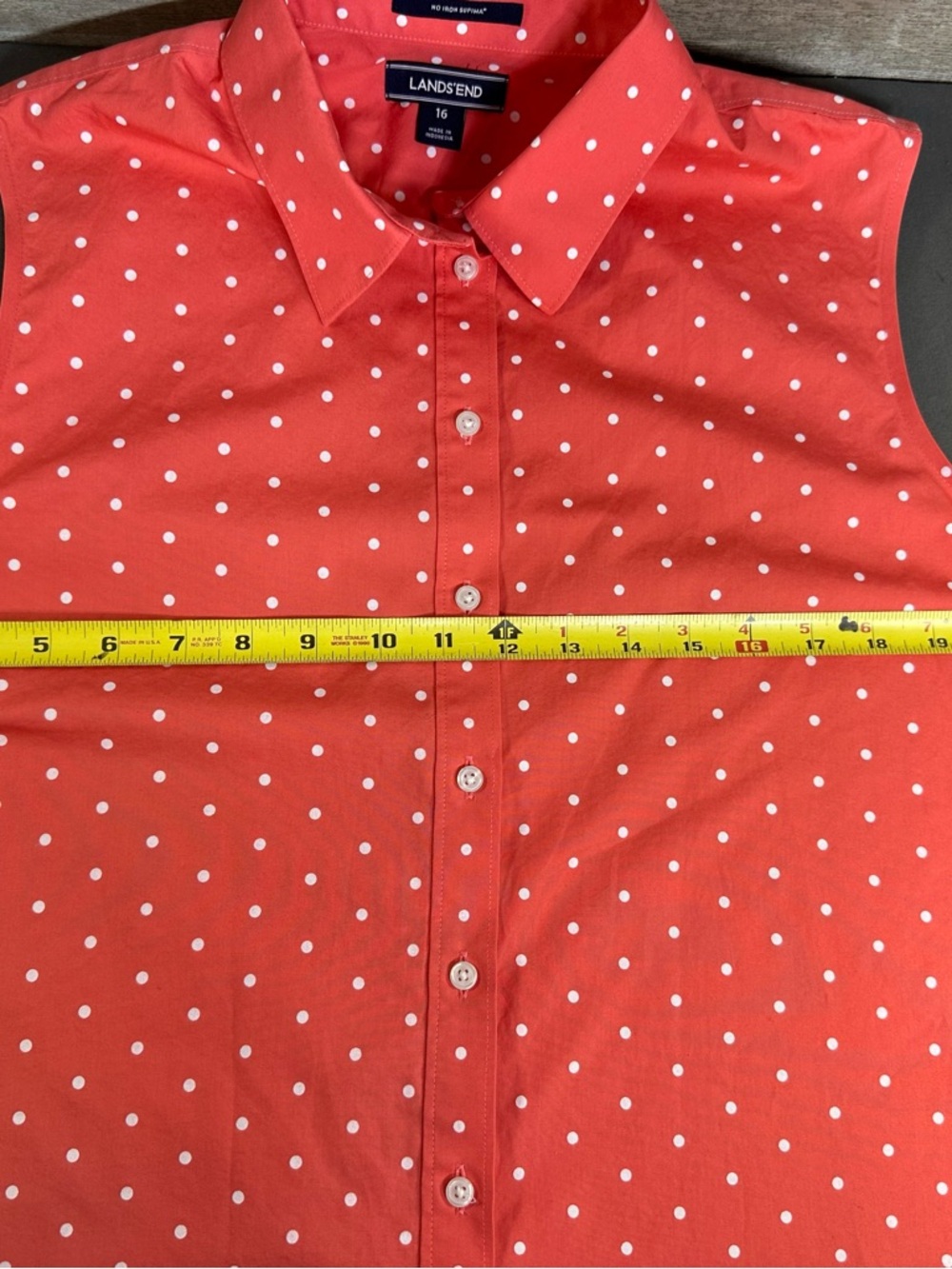 Lands' End Sleeveless Polka Dot Button-Down Blouse - Coral/White - Size 16 - Picture 7 of 8